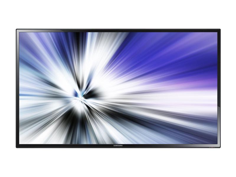 Samsung ME65B 65 Inch LED LCD rental TV displaying an abstract burst of blue, white, and black light on the screen, shown against a plain white background.