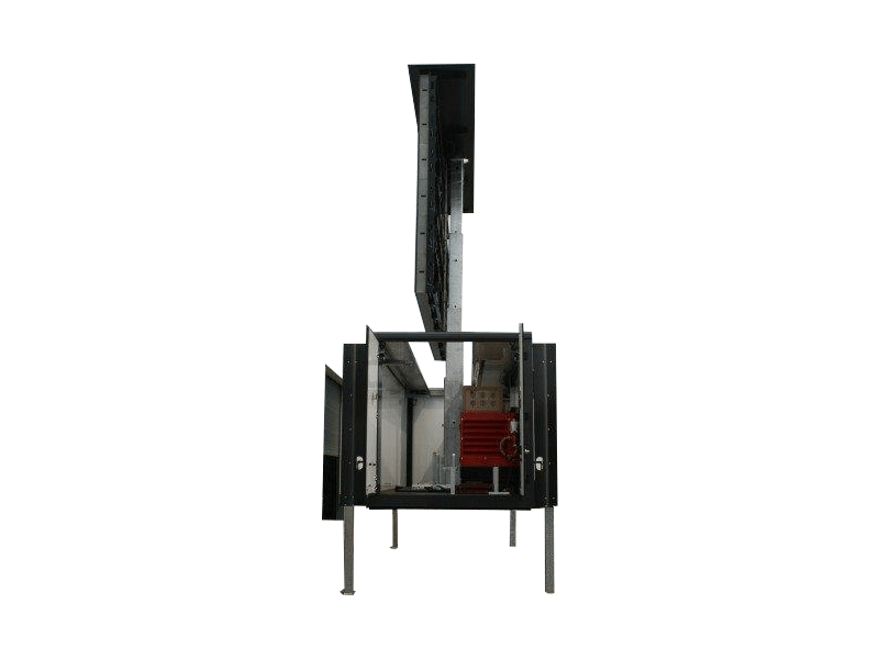 LED Container 31 sqm (7.36m x 4.16m) with open display panels and a tall vertical chimney structure on sturdy metal legs, shown against a white background; designed for advanced industrial LED screen rentals.