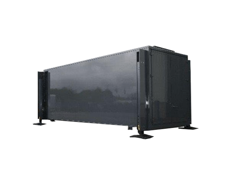 LED Container 31 sqm product image shows a large, freestanding LED screen measuring 7.36m by 4.16m, mounted on four sturdy legs with reinforced corners and support bars, all finished in dark gray; the display is isolated on a transparent background for clear viewing of the structure and design.