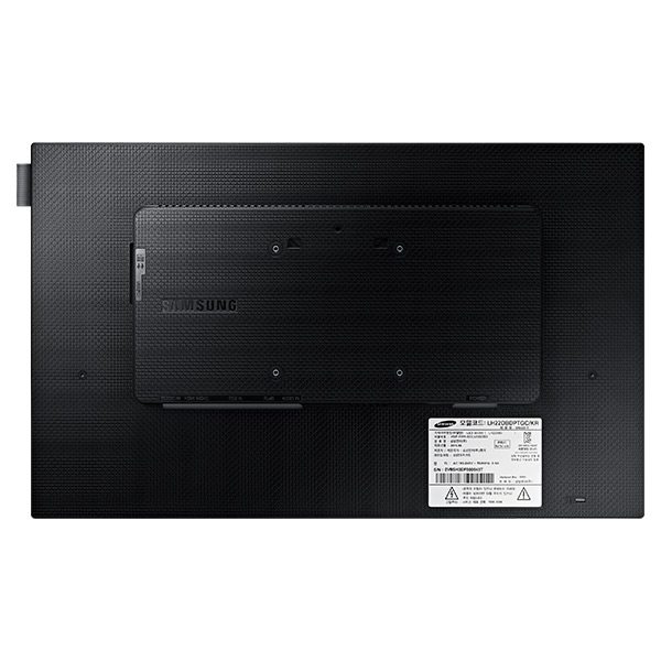 Back view of Samsung DB22D-T 22 Inch LED monitor for rent, showing a textured black rear panel, central mounting bracket, detailed product label with specifications, and multiple connection ports located along the bottom center edge. This commercial display is ideal for digital signage solutions.
