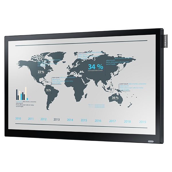Samsung DB22D-T 22 Inch LED digital screen for rent displays a vibrant world map infographic with percentage data over regions, a colorful bar graph, and a timeline from 2010 to 2019 at the bottom. Ideal for presentations and business events.