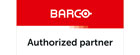 Barco logo in white text on a red background above the words Authorized Partner in bold black font on a white background, showcased by Logando. This image represents Logando as an official Barco Authorized Partner.