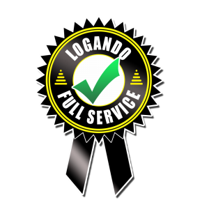 LOGANDO Full Service award badge—circular black and yellow emblem with a green checkmark in the center, “LOGANDO FULL SERVICE” text around the edge, and two black ribbon tails hanging below.