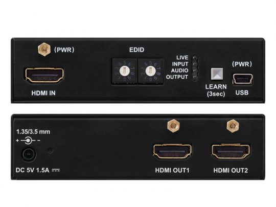 Front and back views of the BlackBird 4K HDMI Splitter show its black rectangular design with clearly labeled HDMI IN, dual HDMI OUT ports, power input, USB port, audio jack, status lights, and EDID switch dials; all connection types are visible for easy setup.