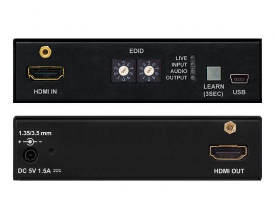 Two views of a black HDMI extender device showing HDMI IN, HDMI OUT, USB, EDID rotary switch, and 3.5 mm power input ports with clear labels above each connector. Ideal for connecting and optimizing AV devices with multiple input/output options.