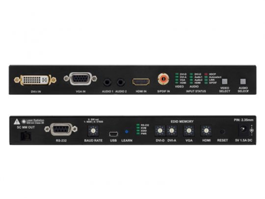 Two black AV switcher panels, each featuring a range of input and output ports including DVI, VGA, HDMI, audio jacks, USB, RS-232 control ports, power input, buttons, and LED indicators; designed for video and audio signal management in professional multimedia setups.