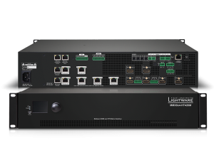 Two Lightware MMX32x4-HT420M matrix switcher devices showing the front panel with model name and digital display, and the rear panel featuring multiple HDMI, Ethernet, and control connector ports for professional AV signal management.