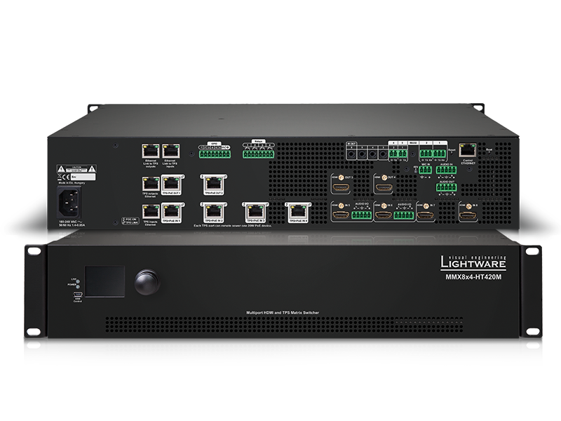 Two Lightware MMX32x4-HT420M matrix switcher devices showing the front panel with model name and digital display, and the rear panel featuring multiple HDMI, Ethernet, and control connector ports for professional AV signal management.