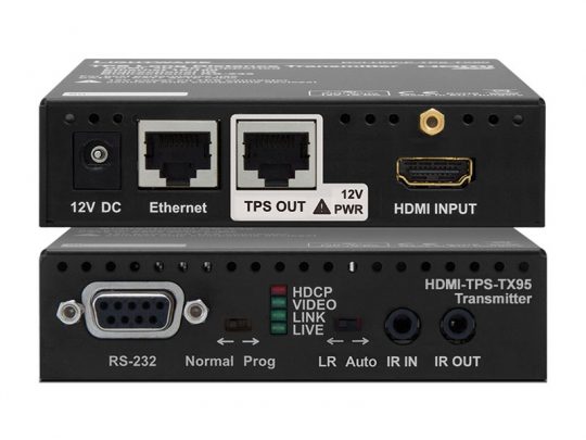Front and back views of a black HDMI transmitter device, labeled Lightware HDMI-TPS-TX106, showing multiple ports including 12V DC power, Ethernet, TPS OUT, HDMI input, RS-232 control, audio in/out, IR IN/OUT ports, and indicator lights for HDCP status, video signal, link connection, and power.