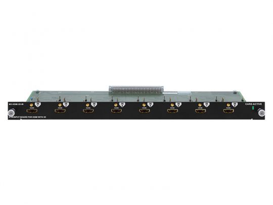 Black and green circuit board module with six HDMI ports—HDMI Input Card—features “CARD ACTIVE” label on right, row of HDMI ports on front panel, and top-edge connector for AV rack or video wall installation.