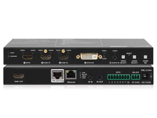 Close-up of a black AV extender device featuring labeled ports for HDMI, DVI, Ethernet, audio jacks, GPIO terminals, RS-232 serial connection, IR in/out, and power input. Ideal for professional audio visual signal transmission and connectivity.