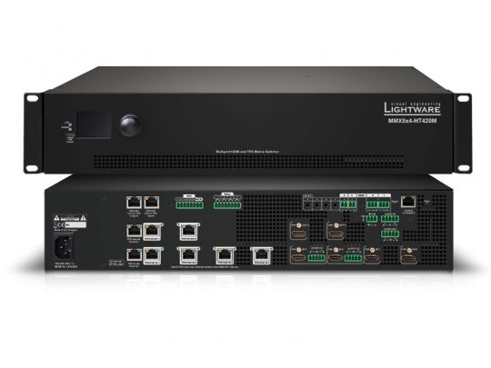 Front and rear view of Lightware MMX2x4-HT-120M matrix switcher, with control panel on the front and multiple ports on the back, including HDMI, Ethernet, and serial connections for AV signal routing.