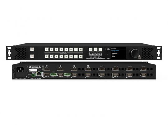 Front and back views of the Lightware rackmount video switcher, showing multiple HDMI ports, input selection buttons, a digital display screen, a control knob on the front panel, and various control and power connections on the rear panel. Ideal for professional AV setups requiring flexible video switching.