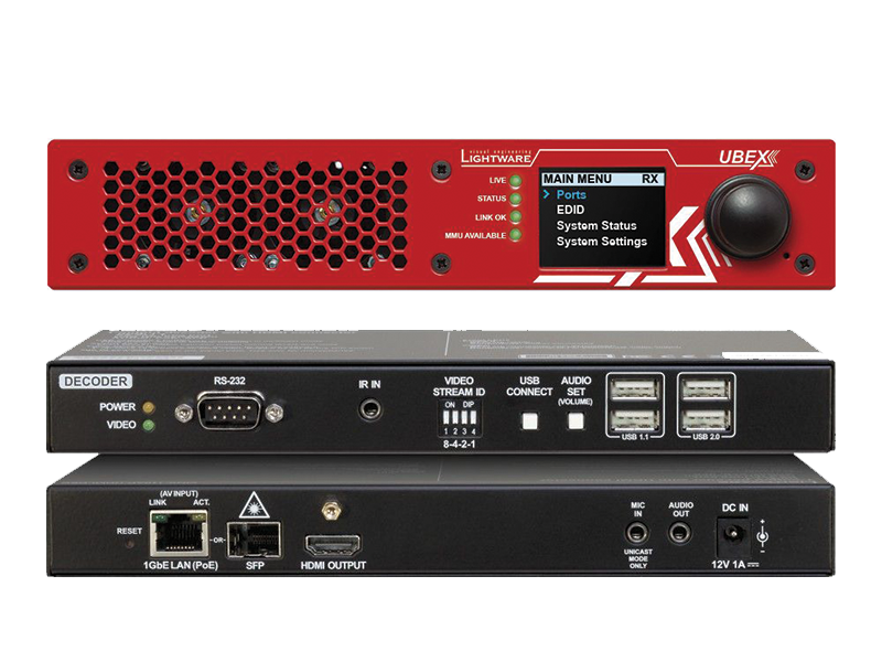 Front and back views of two AV devices; the red Lightware UBEX unit with a digital display, and a black AV decoder featuring multiple ports including USB, LAN, audio, SFP slots, and power inputs. Ideal for professional AV signal transmission and networking.