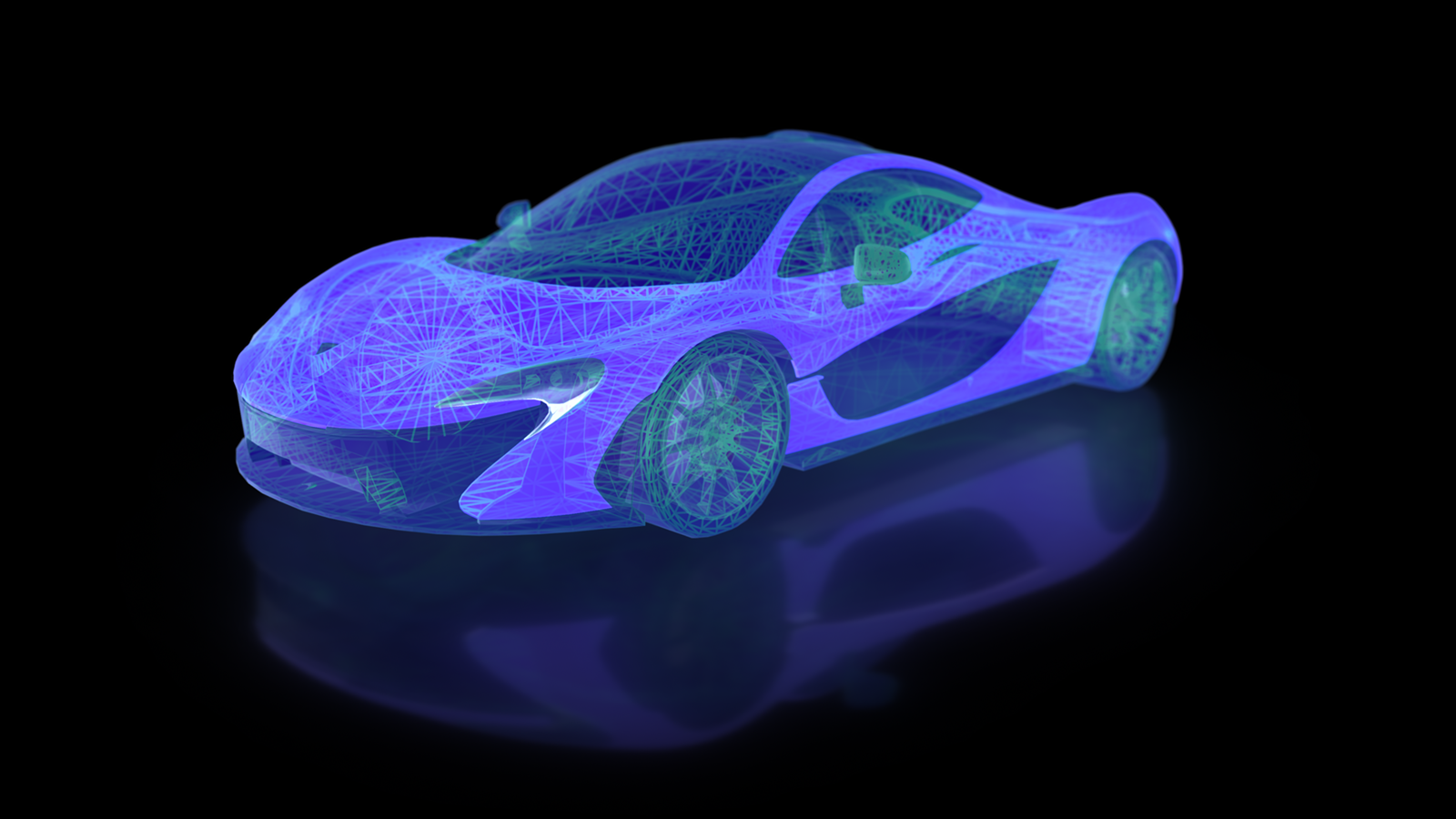 Futuristic sports car rendered in glowing blue and purple wireframe, set against a black background with a subtle reflection; digital concept art highlighting sleek, aerodynamic design.