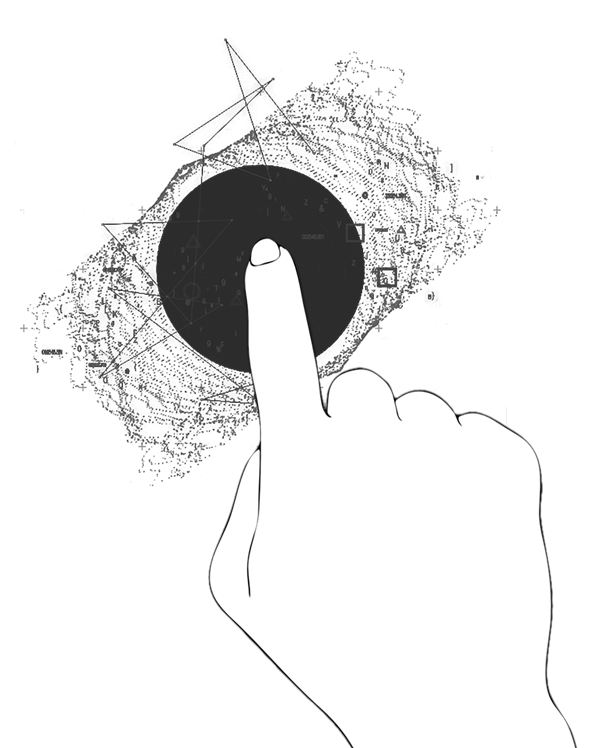 White illustrated hand with an outstretched index finger touches a sleek, dark digital interface featuring faint geometric shapes, glowing lines, and scattered tech symbols in the background. Modern technology and user interface concept.