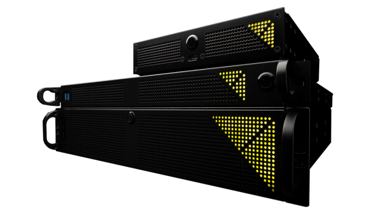 Three Dell PowerEdge server units stacked vertically against a dark background, each with distinctive yellow triangle-shaped LED patterns on their front panels.