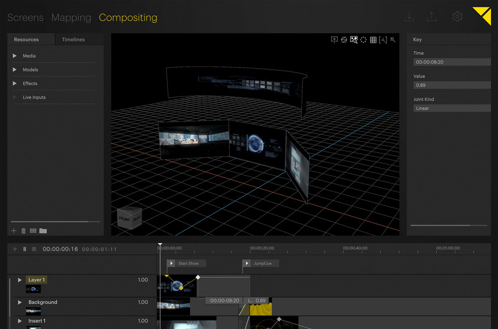 Computer screen showing a 3D video editing software interface with timeline, multiple video layers, and preview windows. The workspace includes grids and panels labeled “Screens,” “Mapping,” and “Compositing” for advanced video editing, motion graphics, and visual effects.