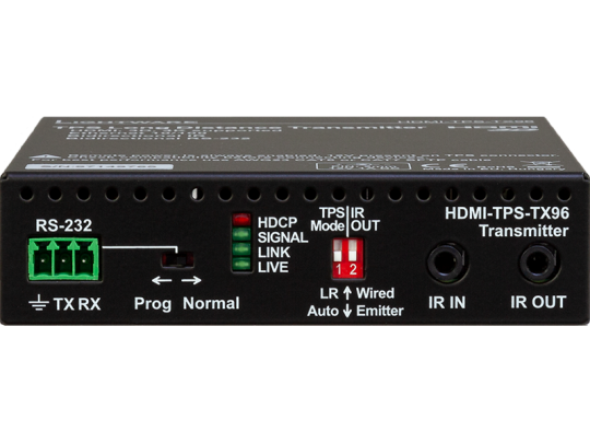 Close-up of the HDMI-TPS-TX96 transmitter device panel, displaying multiple ports and LED indicators. Visible features include RS-232 port, Prog/Normal switch, HDCP, signal and link status LEDs, IR input/output jacks, and TPS IR mode switches for advanced connectivity control.