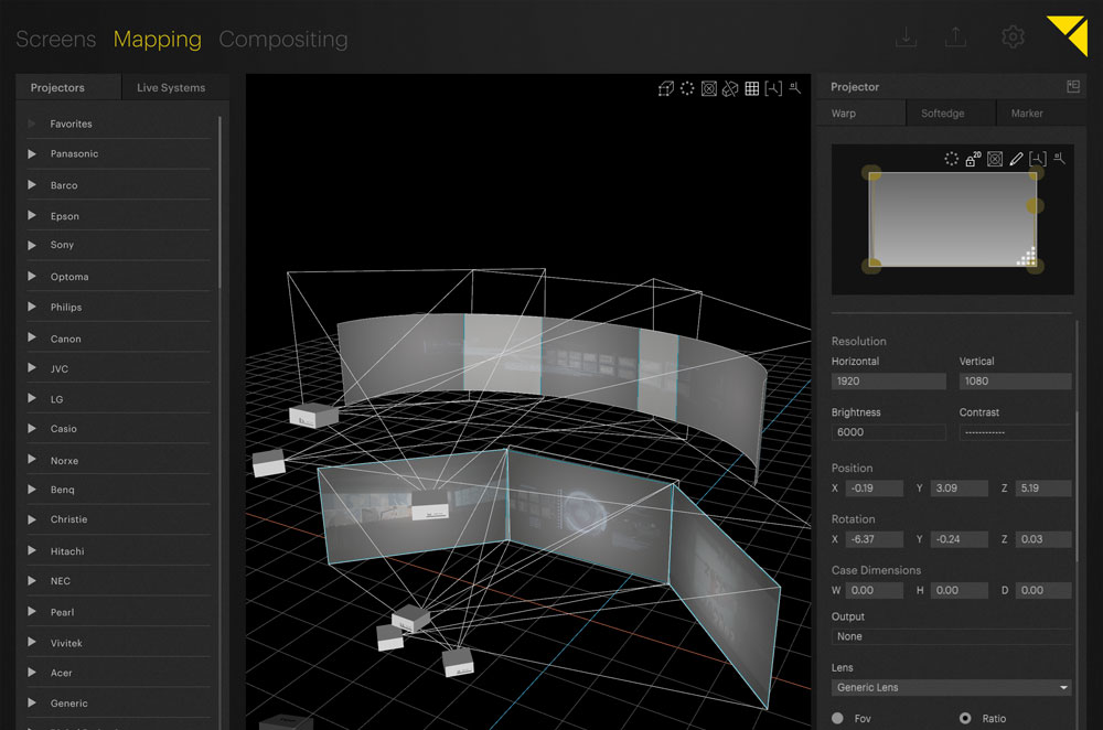 Screenshot of a 3D mapping software interface displaying virtual arrangement of curved screens and projectors in a digital space; projector brand menu and mapping options panels are visible on the left and right sides, helping users configure projection setups.