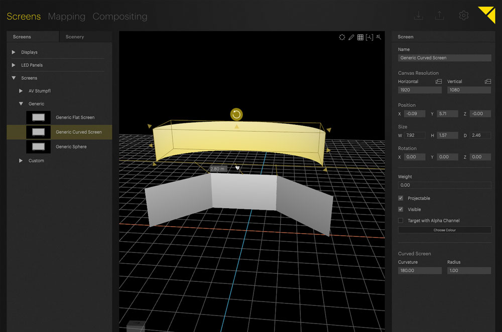 Screenshot of a 3D projection mapping software interface displaying both a curved screen and a flat screen layout on a grid workspace. Side panels include options for selecting screens, adjusting resolution, and setting position and rotation parameters. Perfect for visualizing stage setups or immersive display configurations.