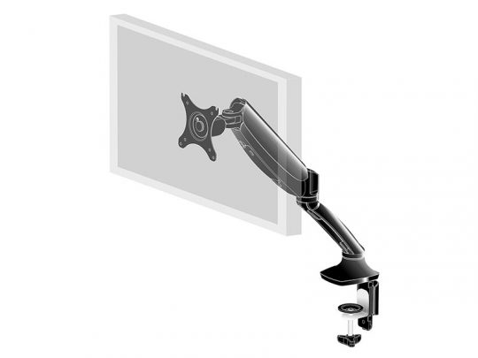 The iiyama DS3001C-B1 Monitor Bracket, securely mounted to a desk edge, holds a flat screen monitor in a floating position with angle-adjustable joints and a sturdy clamp base for stability.