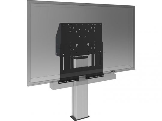 Universal Soundbar Bracket – iiyama MD 052B7285 mounted on the back of a large flat-screen monitor attached to a vertically adjustable stand, securely holding the soundbar below the screen for an organized, space-saving setup.