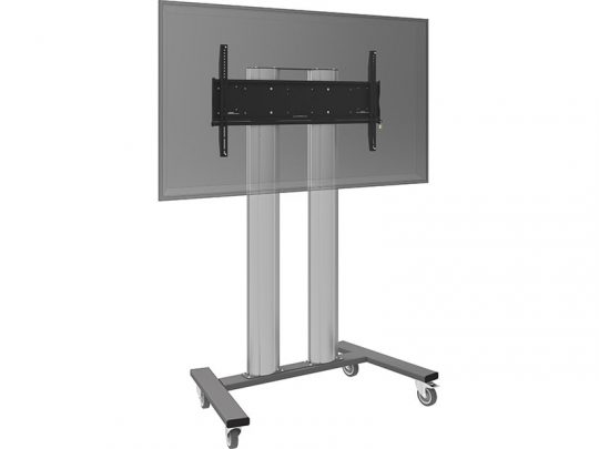 Iiyama MD 062B3800 Floor Lift on Wheels – mobile stand featuring a large flat-screen display mounted on a sturdy dual-post frame with four caster wheels for easy movement and stability.