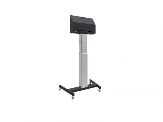 Iiyama MD 062B7295 Floor Lift on Wheels, a black and silver electronic height-adjustable stand with sturdy metal frame and caster wheels, displayed against a white background.