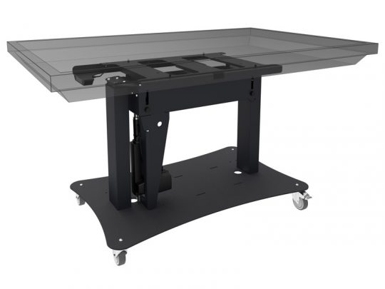Tip & Touch Stand for iiyama MD 062B7650 display – a black, height-adjustable mobile stand with wheels, featuring a semi-transparent tabletop outline that highlights its adjustable workspace range.