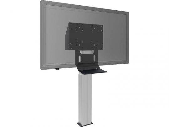 3D-rendered image of a monitor mounted on a vertical stand with a rectangular base, featuring the Universal Soundbar Bracket—iiyama MD 063B7240 (new)—attached at the back of the screen for secure soundbar installation.