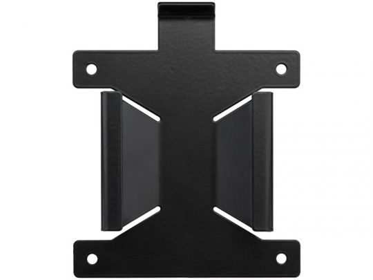 Iiyama MD BRPCV02 VESA Bracket – black metal mount with four corner holes and a central raised section, designed for securely attaching monitors or mini PCs to VESA-compatible surfaces.