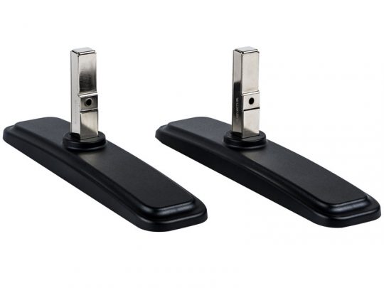 Pair of iiyama OSTX40X81 Table Stands—black and silver rectangular stands with sturdy metal vertical supports and wide plastic bases, designed for new monitor purchase, displayed on a white background.