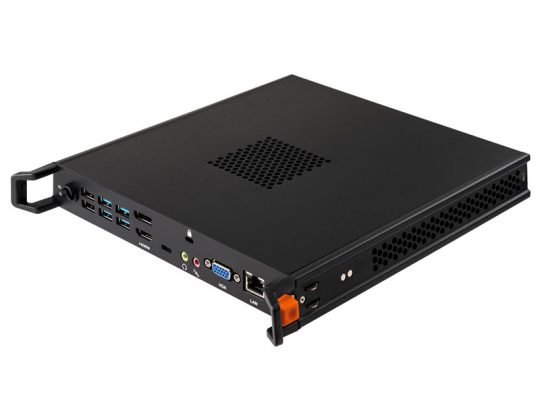 Iiyama SPC5801BB Slot PC—new slim black rackmount computer featuring front-facing USB ports, HDMI and VGA outputs, audio jacks, LAN port, side ventilation holes, and sturdy mounting handles on both sides for easy installation.