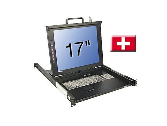 Lindy 21610 17 Zoll KVM Terminal Classic CH partially extended from a server rack, showing built-in monitor, keyboard, and touchpad; Swiss flag icon displayed on the right.
