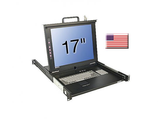 Lindy 21611 17 Zoll KVM Terminal Classic US – new, shown with integrated 17-inch monitor, full-size US keyboard, and touchpad; an American flag is displayed to the right on a white background.