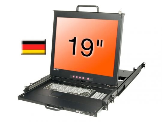 Lindy 21620 19 Zoll KVM Terminal PRO DE rackmount console featuring a 19-inch screen with 19 on an orange display, integrated German keyboard, and touchpad. A small German flag is shown to the left of the monitor. Ideal for server rack installations.
