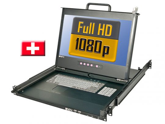 Swiss flag icon next to the Lindy 21694 19 Zoll Terminal PRO CH, a new rackmount console with a built-in keyboard and Full HD 1080p screen. This professional device is designed for server racks, providing integrated display and keyboard functionality in a compact form.