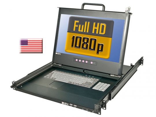 Lindy 21695 Terminal PRO EN 19-inch rackmount console with pull-out keyboard and Full HD 1080p screen, shown next to an American flag.