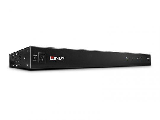 Lindy 38116 Splitter Extender, black rectangular device with Lindy logo on the front, LED indicator lights, and an ON/OFF power switch on the side, displayed on a white background.