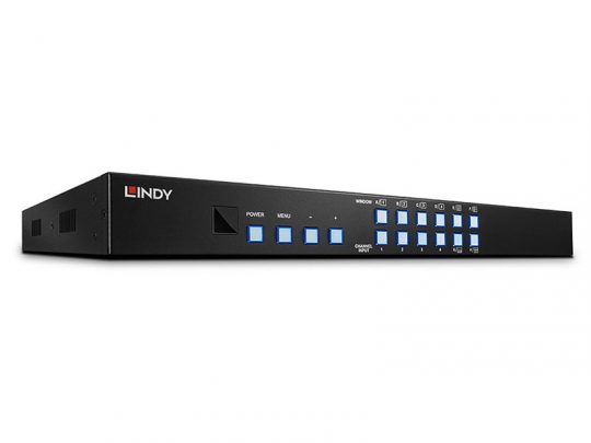 Lindy 38130 Prozessor Switch – black rack-mounted video and audio switcher featuring blue buttons and clearly labeled input channels, designed for seamless professional signal management.