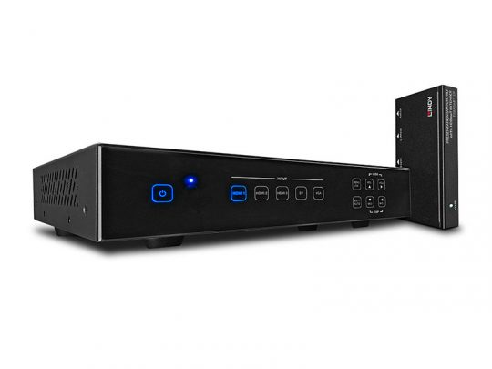 Lindy 38281 Presentation Switch Pro in black, featuring labeled input buttons, a power button, indicator lights on the front panel, and a connected smaller unit to the right; both devices have a modern design and are displayed against a white background.