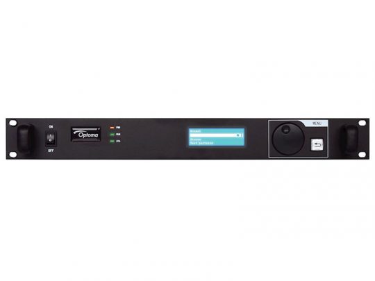 Front view of the Optoma MCTRL660 black LED Controller, showing sturdy handles, a digital display screen with menu options, several indicator lights, control buttons, and a large dial on the right side—ideal for professional LED video wall management.