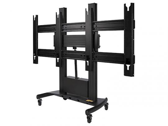 Optoma ODM01MFS LED All-in-One Display stand: sturdy black metal frame with adjustable height and four caster wheels, designed for easy movement and secure mounting of multiple flat-panel screens.