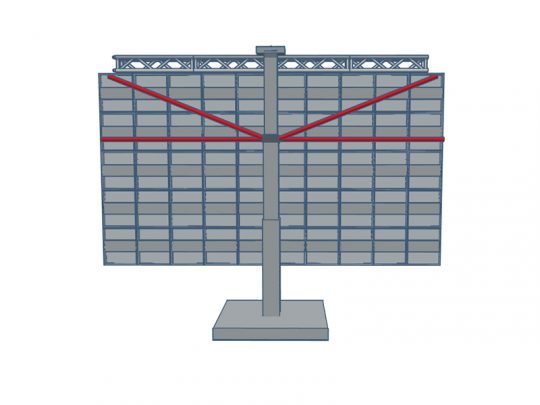 Digital illustration of the back view of a large rectangular billboard, named Heavy Duty Outdoor Billboard. The billboard features a sturdy metal frame and is supported by a central pole, with prominent red diagonal braces providing extra structural support. This SEO alt text describes the industrial design details for visually impaired users.
