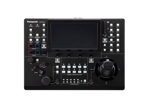 Black Panasonic AW-RP150GJ remote camera control unit for PTZ cameras shown on a white background, featuring a central touchscreen display, numerous buttons, dials, and dual joysticks for precise camera adjustments; available to rent.