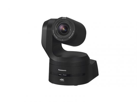 Panasonic 4K PTZ camera in black, featuring a wide lens and compact design for professional video recording and live streaming, displayed on a plain white background.