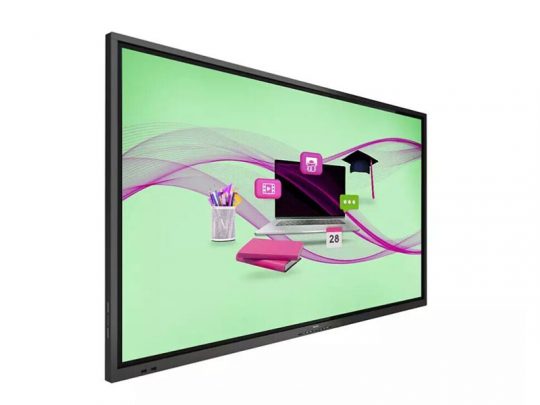Digital touchscreen display featuring educational icons—a laptop, books, graduation cap, and stationery—set on a green background with purple wave graphics. Ideal for e-learning or virtual classroom platforms.