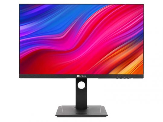 Flat-screen computer monitor with a thin bezel, displaying a vibrant abstract pattern in swirling pink, purple, blue, and orange colors; shown on a sleek black rectangular stand.