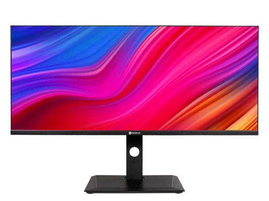 Ultra-wide computer monitor on a sleek black stand displaying a vibrant, colorful wave pattern in blue, pink, red, and orange hues; perfect for modern workspaces and immersive visual experiences.